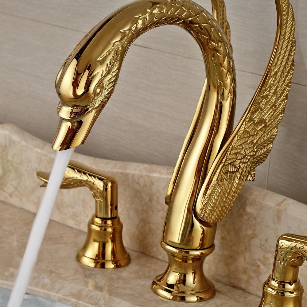 Basin Faucet - Golden Swan Shape Basin Tap Dual Handle Deck Mount Bathroom Faucet Solid Copper Golden Finish