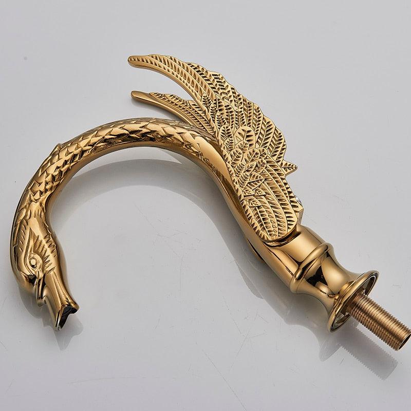 Basin Faucet - Golden Swan Shape Basin Tap Dual Handle Deck Mount Bathroom Faucet Solid Copper Golden Finish