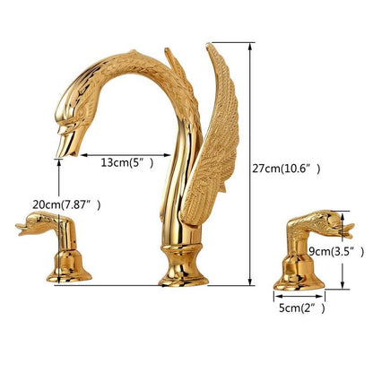 Basin Faucet - Golden Swan Shape Basin Tap Dual Handle Deck Mount Bathroom Faucet Solid Copper Golden Finish