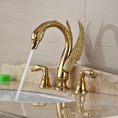 Basin Faucet - Golden Swan Shape Basin Tap Dual Handle Deck Mount Bathroom Faucet Solid Copper Golden Finish