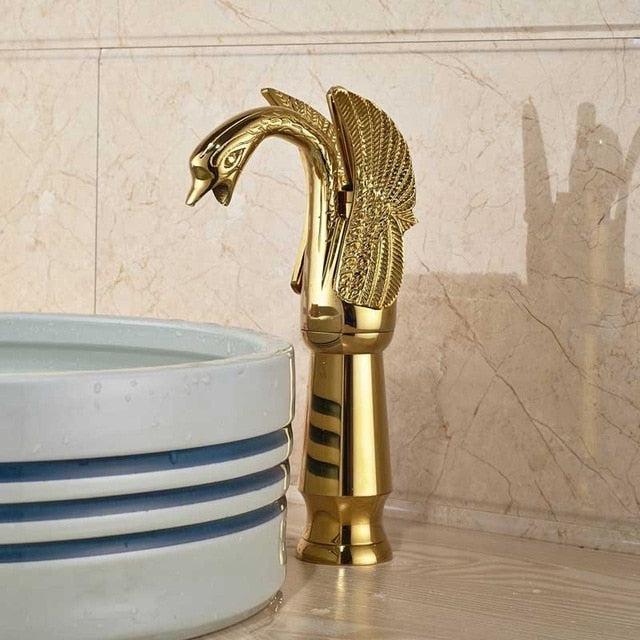 Basin Faucet - Golden Swan Shape Basin Tap Dual Handle Deck Mount Bathroom Faucet Solid Copper Golden Finish