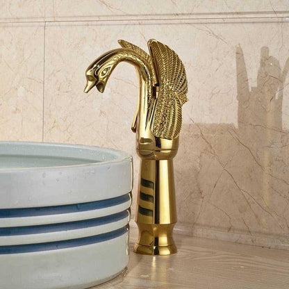 Basin Faucet - Golden Swan Shape Basin Tap Dual Handle Deck Mount Bathroom Faucet Solid Copper Golden Finish