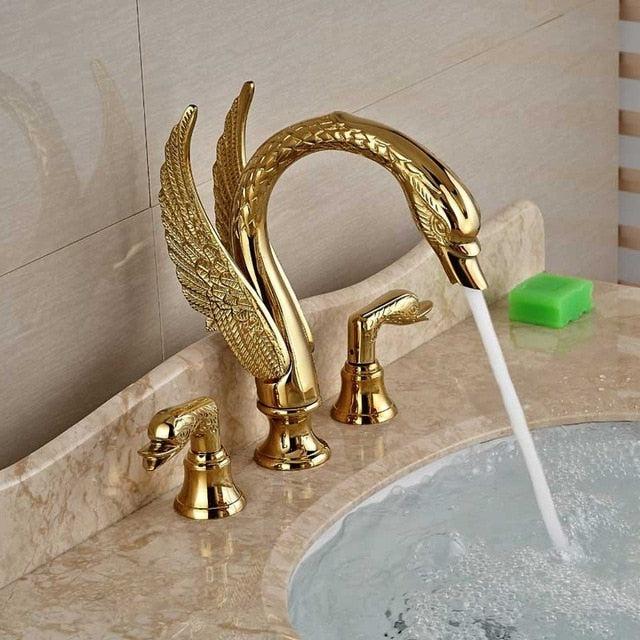 Basin Faucet - Golden Swan Shape Basin Tap Dual Handle Deck Mount Bathroom Faucet Solid Copper Golden Finish