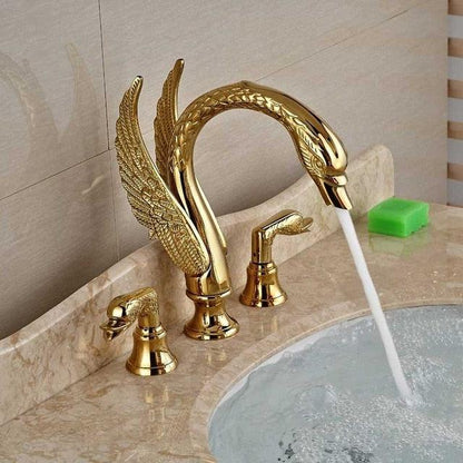 Basin Faucet - Golden Swan Shape Basin Tap Dual Handle Deck Mount Bathroom Faucet Solid Copper Golden Finish