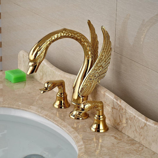 Basin Faucet - Golden Swan Shape Basin Tap Dual Handle Deck Mount Bathroom Faucet Solid Copper Golden Finish