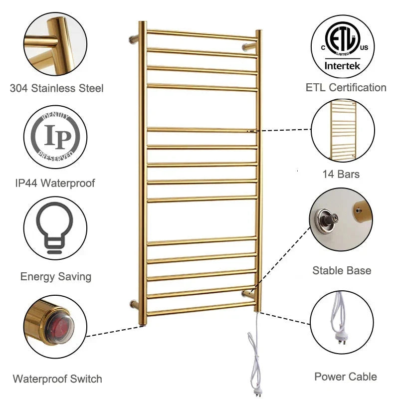 Heated Towel Warmer Hidden Wire Stainless Steel Electric Towel Rack-Towel Bars & Hooks-Index Bath-Gold A-US-110V-Index Bath