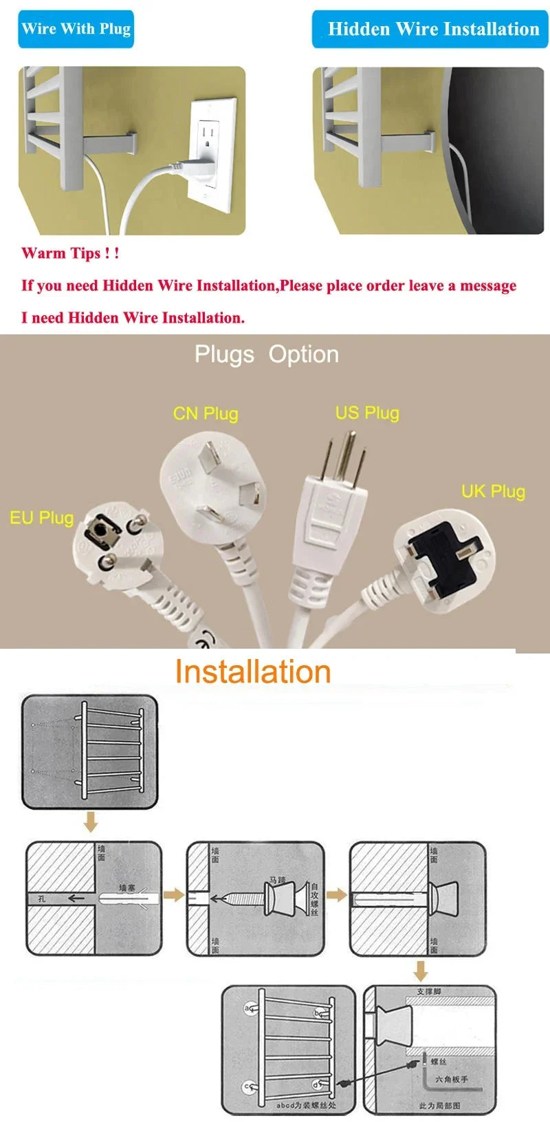 Heated Towel Warmer Hidden Wire Stainless Steel Electric Towel Rack-Towel Bars & Hooks-Index Bath-Gold A-US-110V-Index Bath