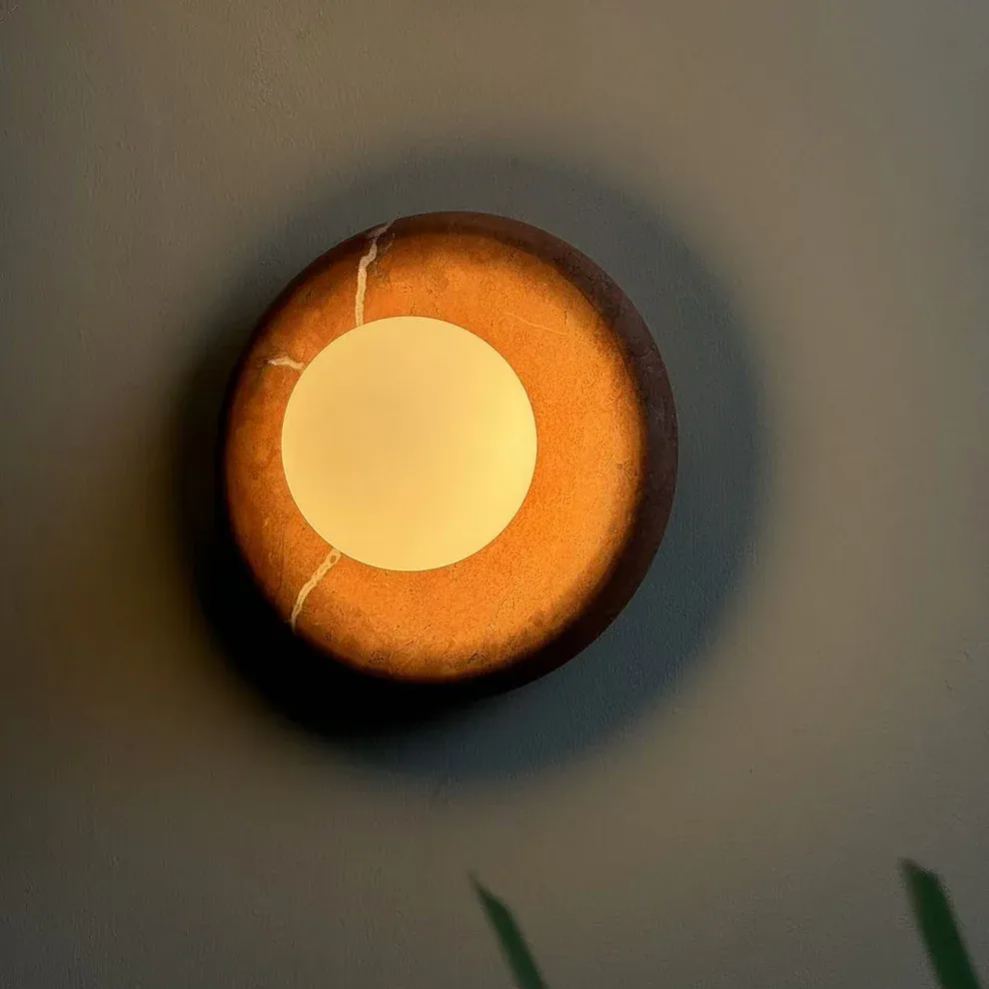 Elif Modern Round Marble Wall Light – White, Green, Wood
