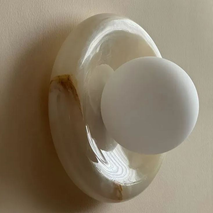 Elif Modern Round Marble Wall Light – White, Green, Wood