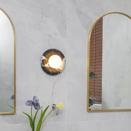 Elif Modern Round Marble Wall Light – White, Green, Wood