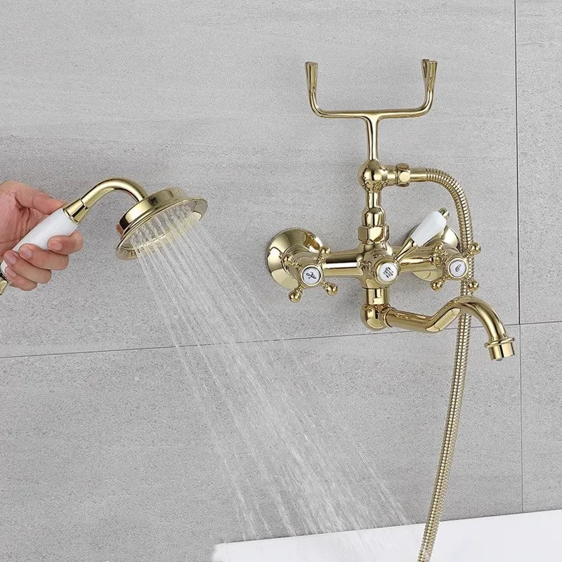 Tuqiu Brushed Gold Bathroom Bathtub Faucet + Handheld Shower Set Gold Luxury BathTub Mixer Taps Wall Mounted Brass-Index Bath-gold-Index Bath