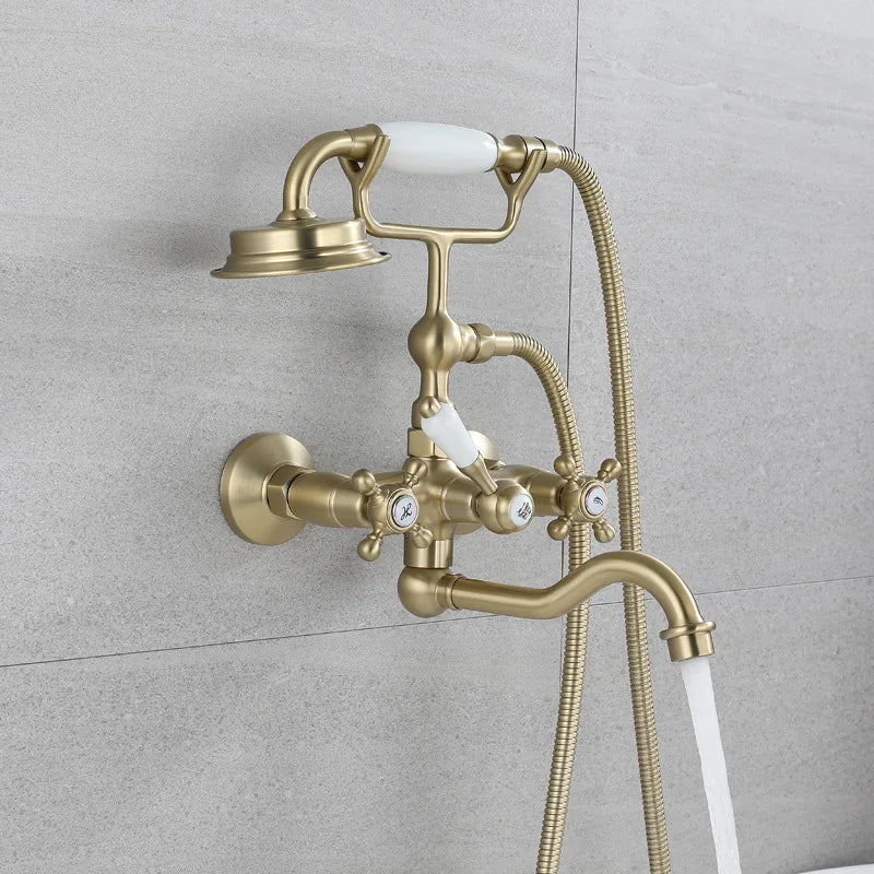 Tuqiu Brushed Gold Bathroom Bathtub Faucet + Handheld Shower Set Gold Luxury BathTub Mixer Taps Wall Mounted Brass-Index Bath-brush gold-Index Bath