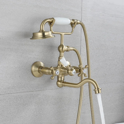 Tuqiu Brushed Gold Bathroom Bathtub Faucet + Handheld Shower Set Gold Luxury BathTub Mixer Taps Wall Mounted Brass-Index Bath-brush gold-Index Bath