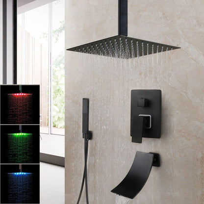Shower Faucet - Matte Black Rainfall Tub LED Bathtub Rain Square Stainless Steel Shower Head Shower With Mixer Valve