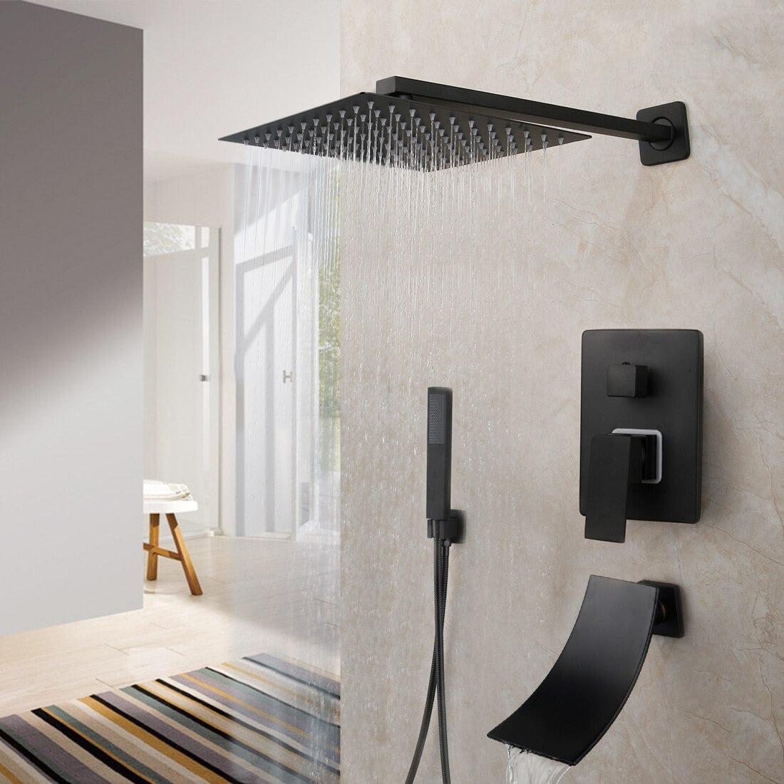 Shower Faucet - Matte Black Rainfall Tub LED Bathtub Rain Square Stainless Steel Shower Head Shower With Mixer Valve