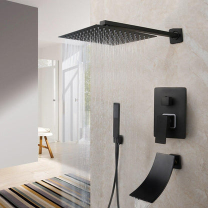 Shower Faucet - Matte Black Rainfall Tub LED Bathtub Rain Square Stainless Steel Shower Head Shower With Mixer Valve
