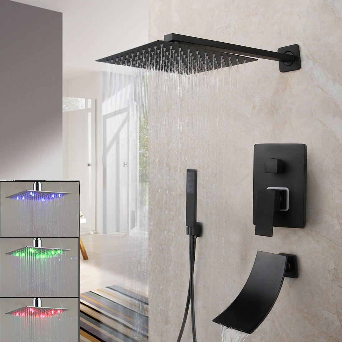 Shower Faucet - Matte Black Rainfall Tub LED Bathtub Rain Square Stainless Steel Shower Head Shower With Mixer Valve