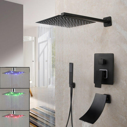 Shower Faucet - Matte Black Rainfall Tub LED Bathtub Rain Square Stainless Steel Shower Head Shower With Mixer Valve