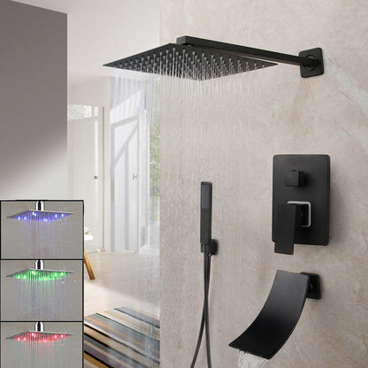 Shower Faucet - Matte Black Rainfall Tub LED Bathtub Rain Square Stainless Steel Shower Head Shower With Mixer Valve