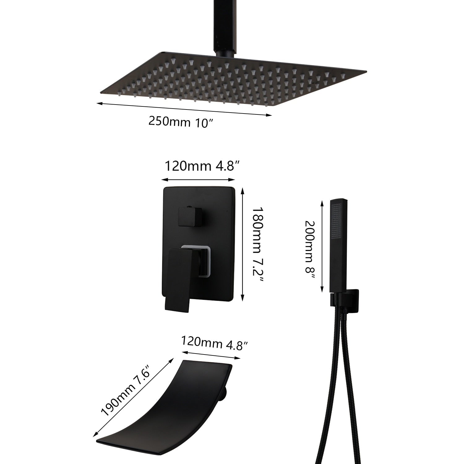Shower Faucet - Matte Black Rainfall Tub LED Bathtub Rain Square Stainless Steel Shower Head Shower With Mixer Valve