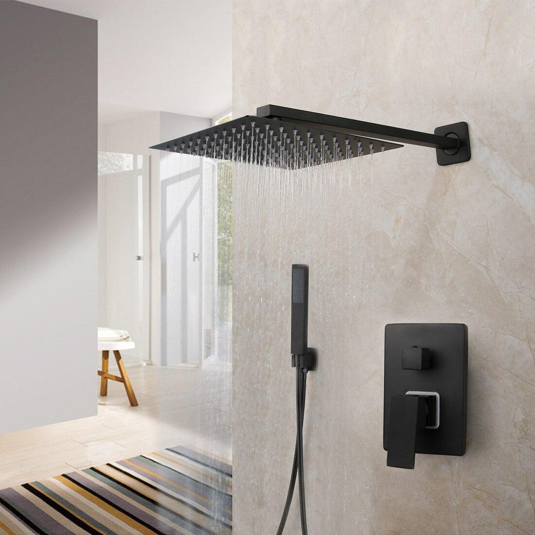 Shower Faucet - Matte Black Rainfall Tub LED Bathtub Rain Square Stainless Steel Shower Head Shower With Mixer Valve