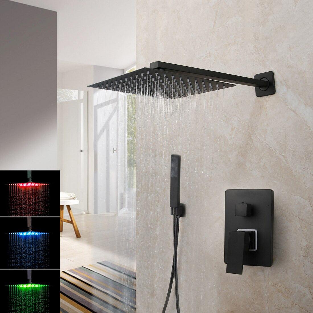Shower Faucet - Matte Black Rainfall Tub LED Bathtub Rain Square Stainless Steel Shower Head Shower With Mixer Valve