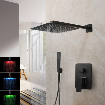 Shower Faucet - Matte Black Rainfall Tub LED Bathtub Rain Square Stainless Steel Shower Head Shower With Mixer Valve
