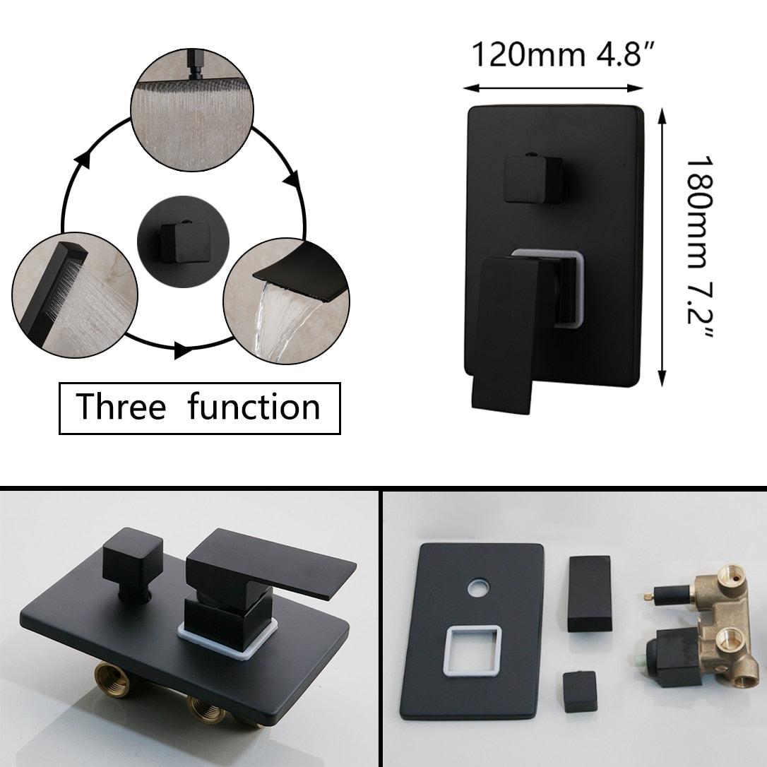 Shower Faucet - Matte Black Rainfall Tub LED Bathtub Rain Square Stainless Steel Shower Head Shower With Mixer Valve