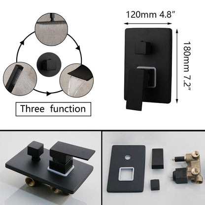 Shower Faucet - Matte Black Rainfall Tub LED Bathtub Rain Square Stainless Steel Shower Head Shower With Mixer Valve