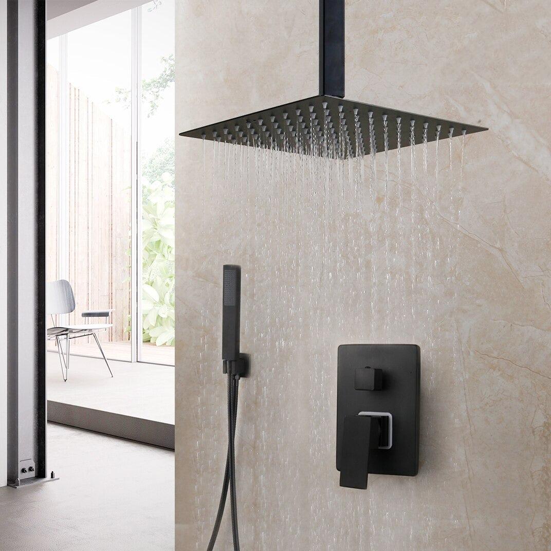 Shower Faucet - Matte Black Rainfall Tub LED Bathtub Rain Square Stainless Steel Shower Head Shower With Mixer Valve