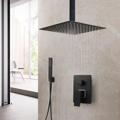 Shower Faucet - Matte Black Rainfall Tub LED Bathtub Rain Square Stainless Steel Shower Head Shower With Mixer Valve