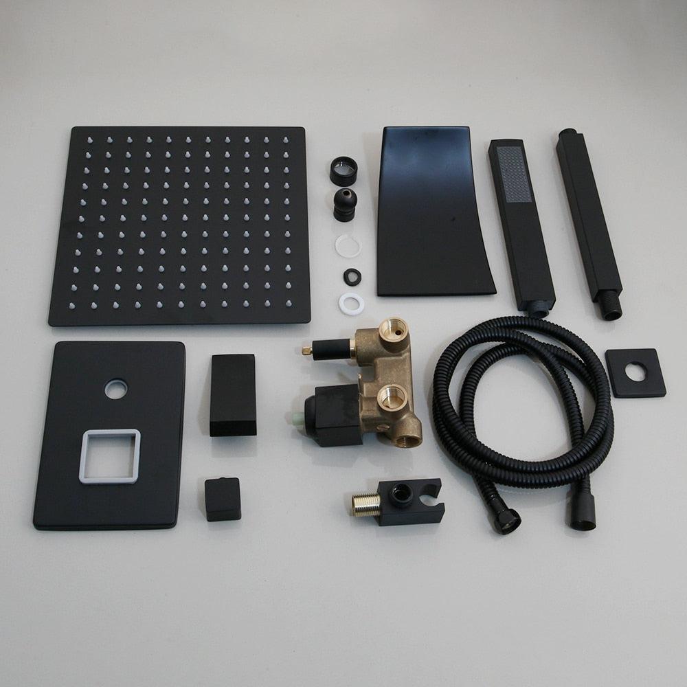 Shower Faucet - Matte Black Rainfall Tub LED Bathtub Rain Square Stainless Steel Shower Head Shower With Mixer Valve