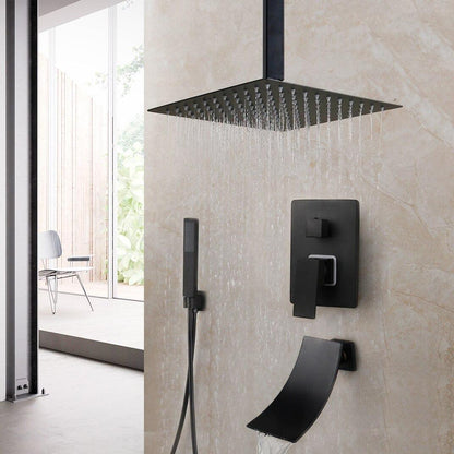 Shower Faucet - Matte Black Rainfall Tub LED Bathtub Rain Square Stainless Steel Shower Head Shower With Mixer Valve