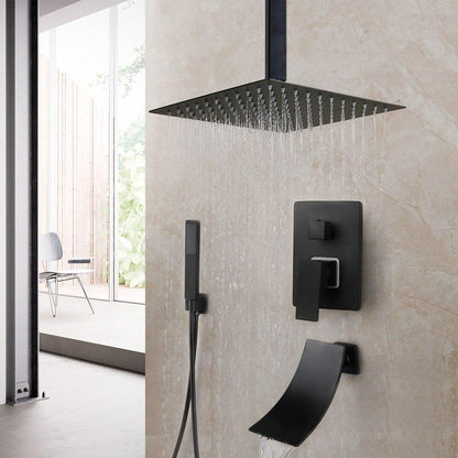 Shower Faucet - Matte Black Rainfall Tub LED Bathtub Rain Square Stainless Steel Shower Head Shower With Mixer Valve