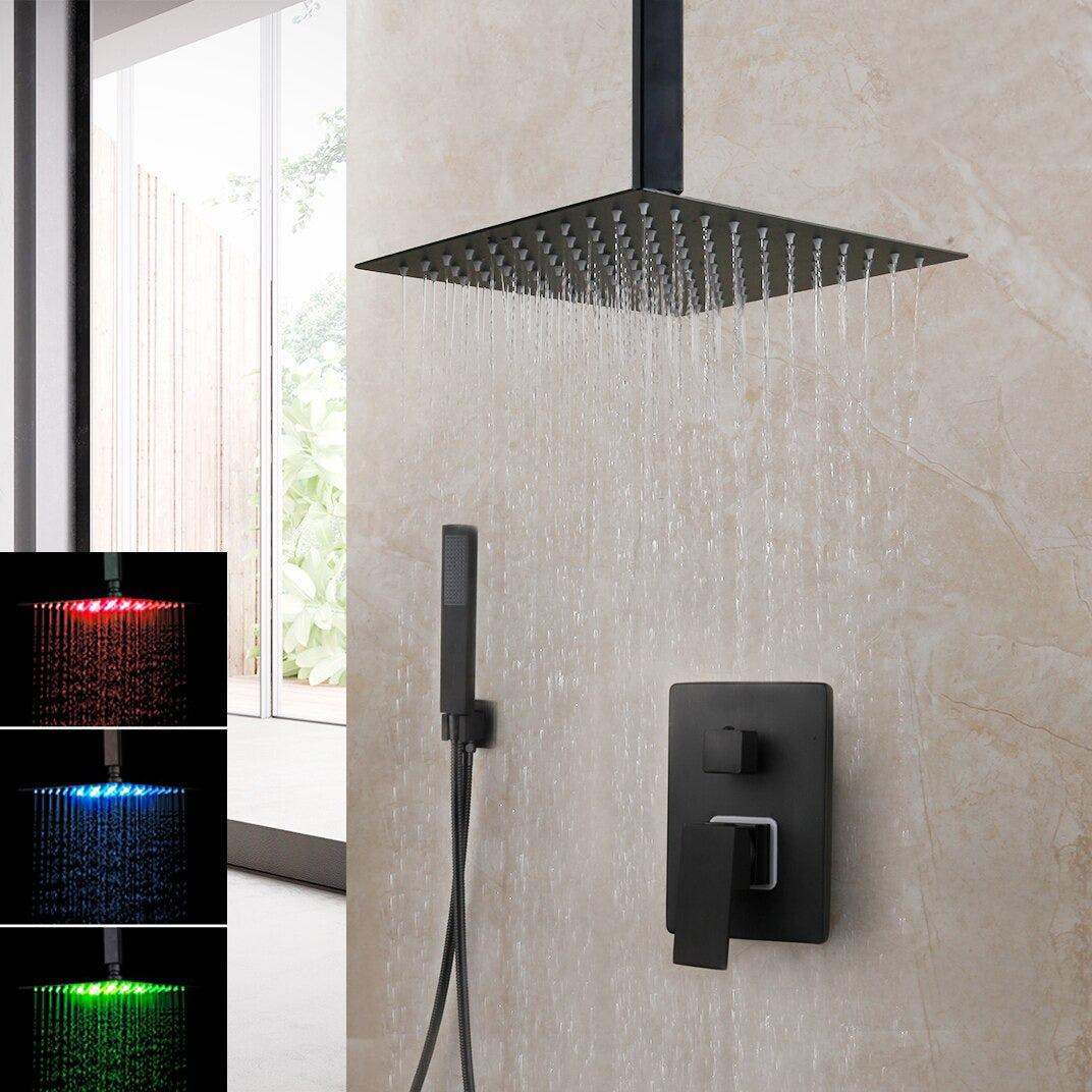Shower Faucet - Matte Black Rainfall Tub LED Bathtub Rain Square Stainless Steel Shower Head Shower With Mixer Valve