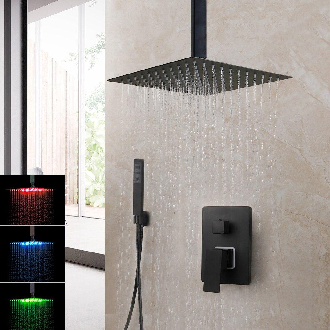 Shower Faucet - Matte Black Rainfall Tub LED Bathtub Rain Square Stainless Steel Shower Head Shower With Mixer Valve