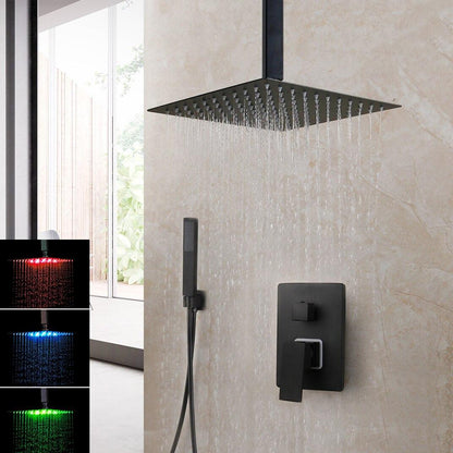 Shower Faucet - Matte Black Rainfall Tub LED Bathtub Rain Square Stainless Steel Shower Head Shower With Mixer Valve