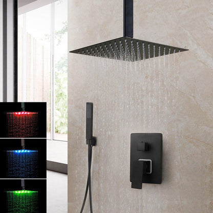 Shower Faucet - Matte Black Rainfall Tub LED Bathtub Rain Square Stainless Steel Shower Head Shower With Mixer Valve