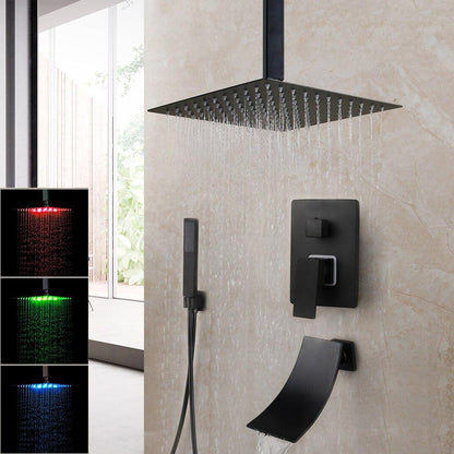 Shower Faucet - Matte Black Rainfall Tub LED Bathtub Rain Square Stainless Steel Shower Head Shower With Mixer Valve