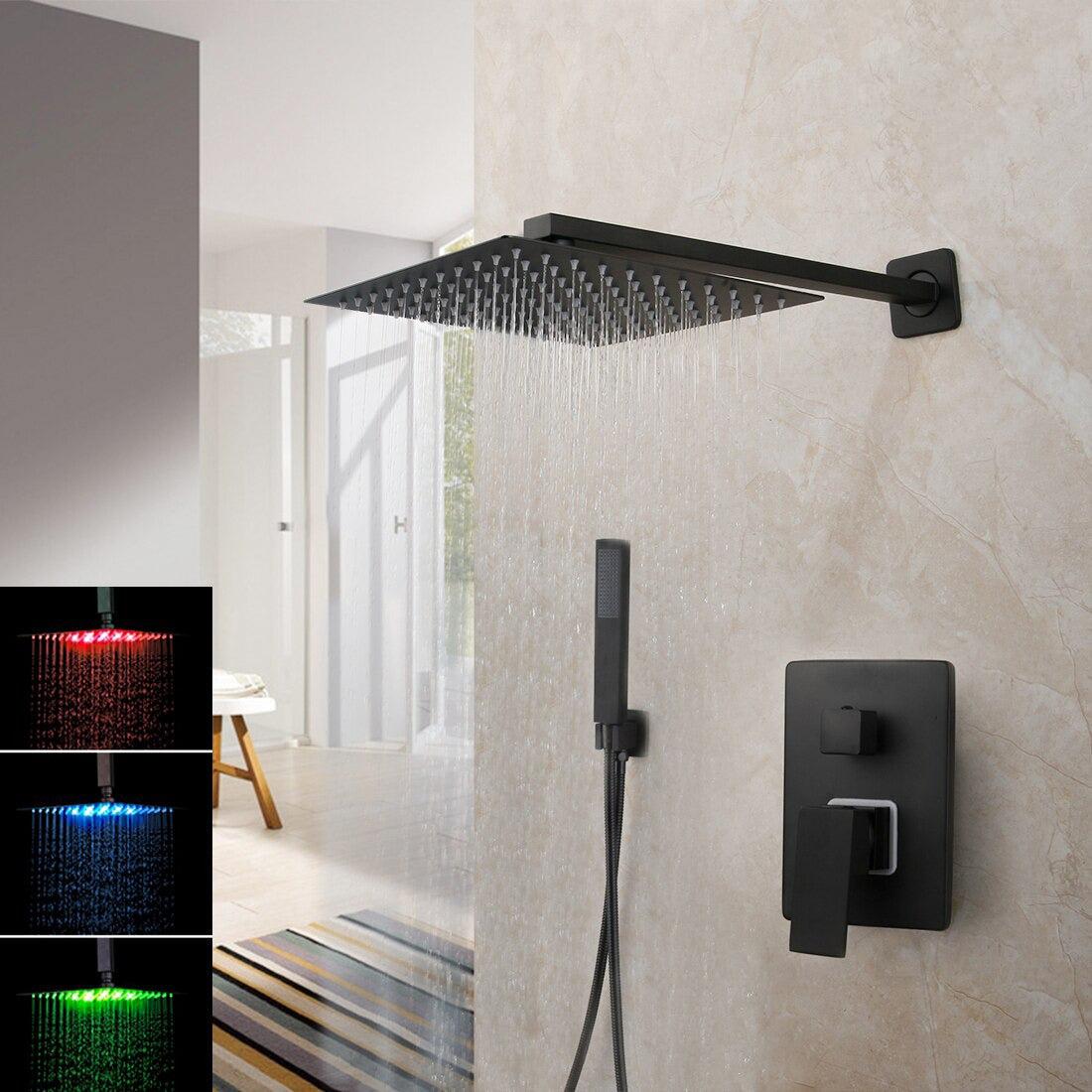 Shower Faucet - Matte Black Rainfall Tub LED Bathtub Rain Square Stainless Steel Shower Head Shower With Mixer Valve