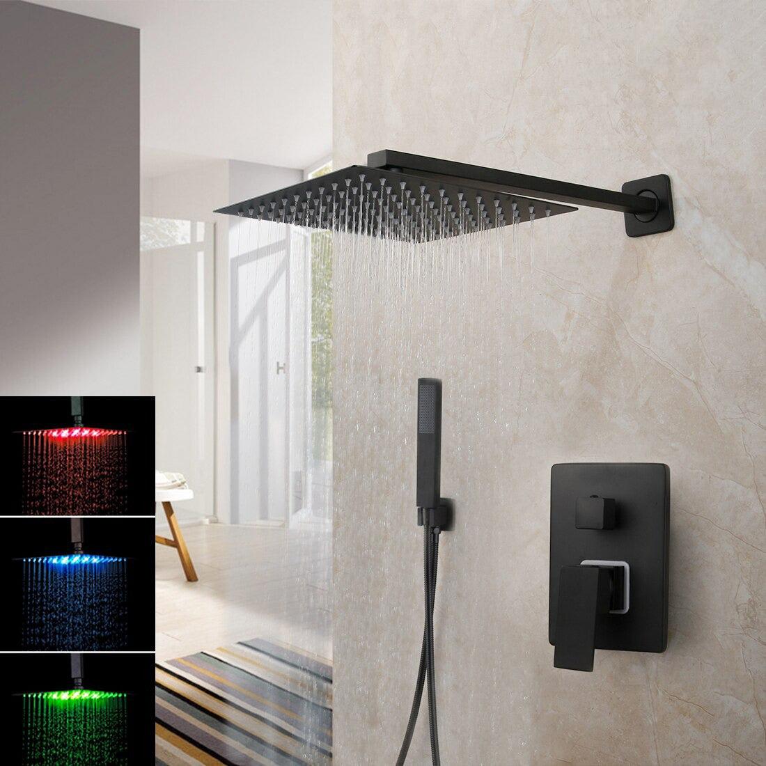 Shower Faucet - Matte Black Rainfall Tub LED Bathtub Rain Square Stainless Steel Shower Head Shower With Mixer Valve