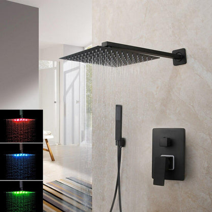 Shower Faucet - Matte Black Rainfall Tub LED Bathtub Rain Square Stainless Steel Shower Head Shower With Mixer Valve