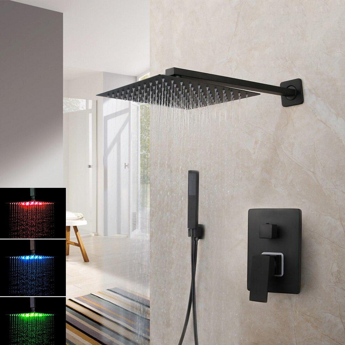 Shower Faucet - Matte Black Rainfall Tub LED Bathtub Rain Square Stainless Steel Shower Head Shower With Mixer Valve