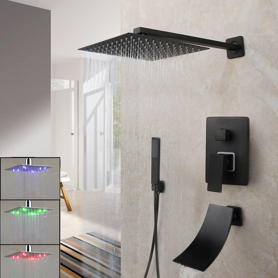 Shower Faucet - Matte Black Rainfall Tub LED Bathtub Rain Square Stainless Steel Shower Head Shower With Mixer Valve