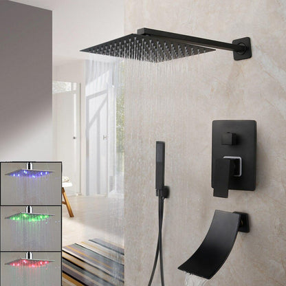 Shower Faucet - Matte Black Rainfall Tub LED Bathtub Rain Square Stainless Steel Shower Head Shower With Mixer Valve