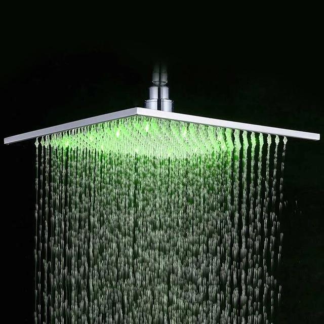 Rain Shower Heads - Multi-colored Stainless Steel Square Shaped Rainfall Showerhead With LED Lights