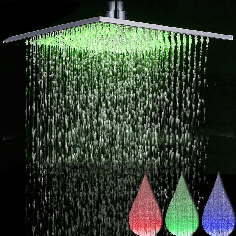 Rain Shower Heads - Multi-colored Stainless Steel Square Shaped Rainfall Showerhead With LED Lights