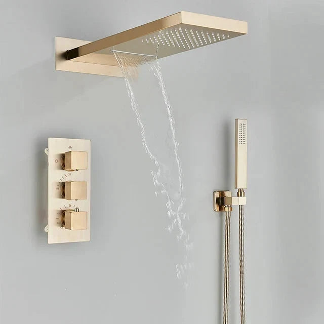 Rain Waterfall Shower Head With 3-way Thermostatic Mixer Tap-Rain Shower Heads-Index Bath-Brushed Gold-Index Bath