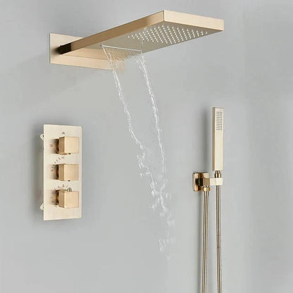 Rain Waterfall Shower Head With 3-way Thermostatic Mixer Tap-Rain Shower Heads-Index Bath-Brushed Gold-Index Bath