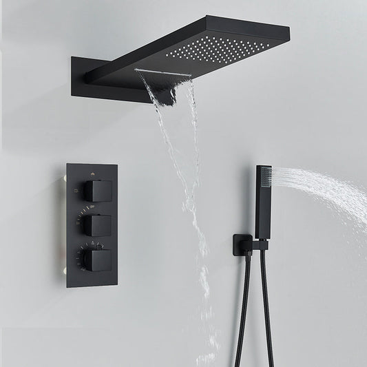 Rain Waterfall Shower Head With 3-way Thermostatic Mixer Tap-Rain Shower Heads-Index Bath-Matte Black-Index Bath